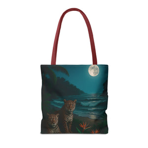 Tropical Beach & Jaguars Tote Bag, Black - 3 Sizes