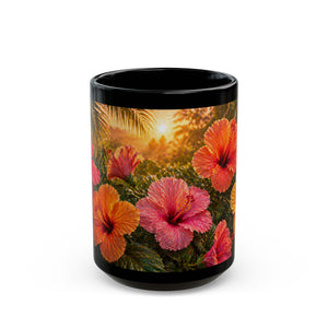 Tropical Hibiscus Sunset Mug — Floral Black Coffee Cup (11oz/15oz)