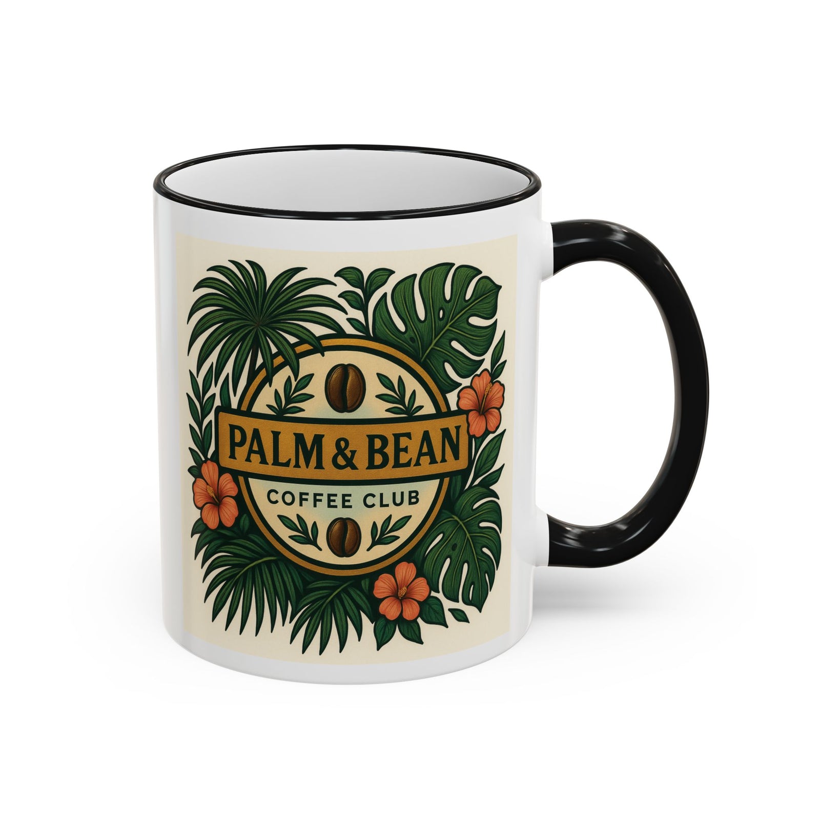 Accent Rim & Handle Coffee Mug — Palm & Bean Coffee Club Logo