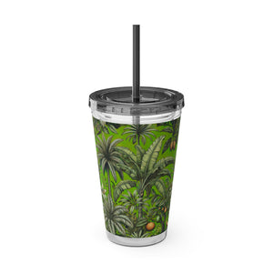 Tropical Tumbler with Straw | 16 oz: Tropical Palms & Fruit, Green