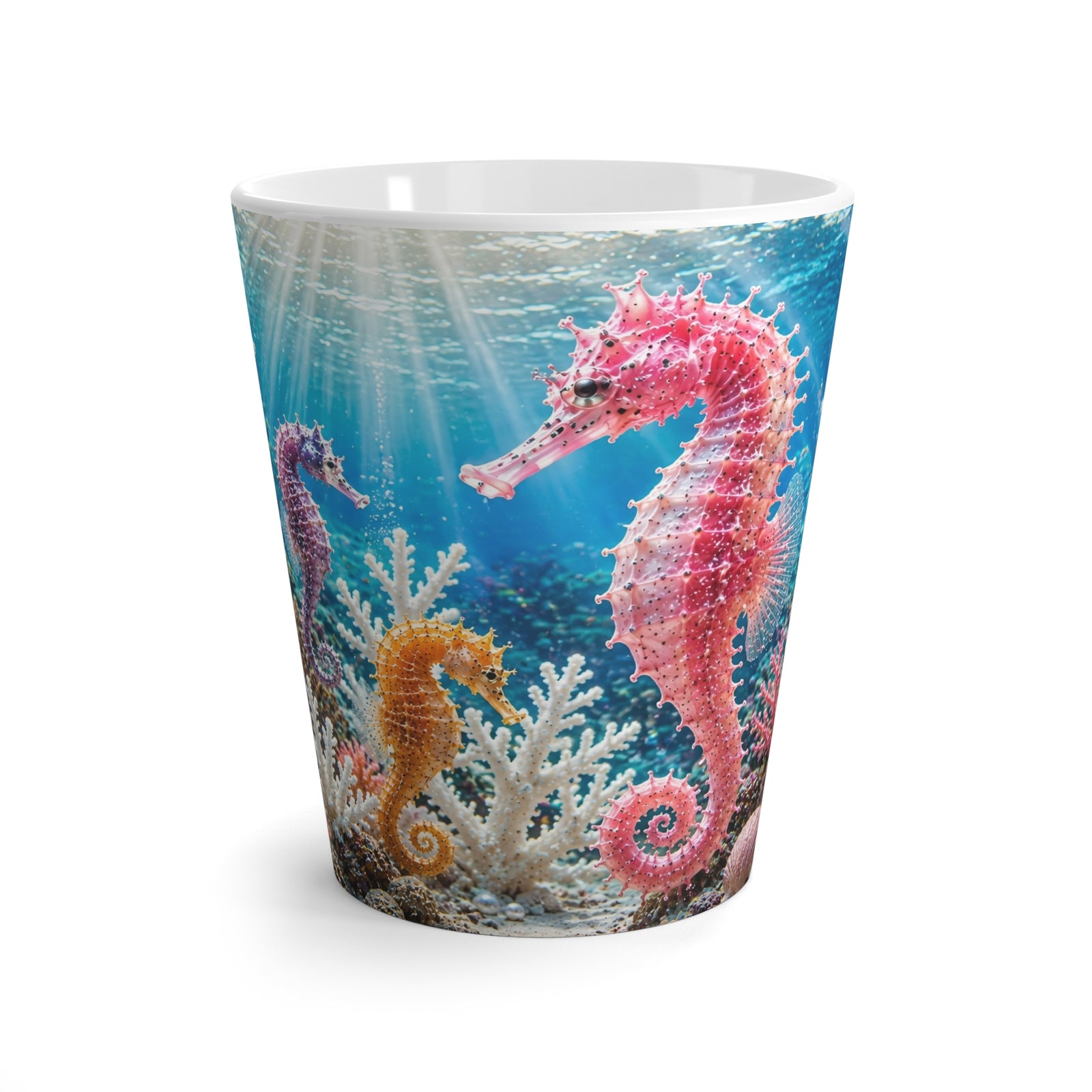 White Latte Mug – Colorful Pink Seahorse Coffee Cup