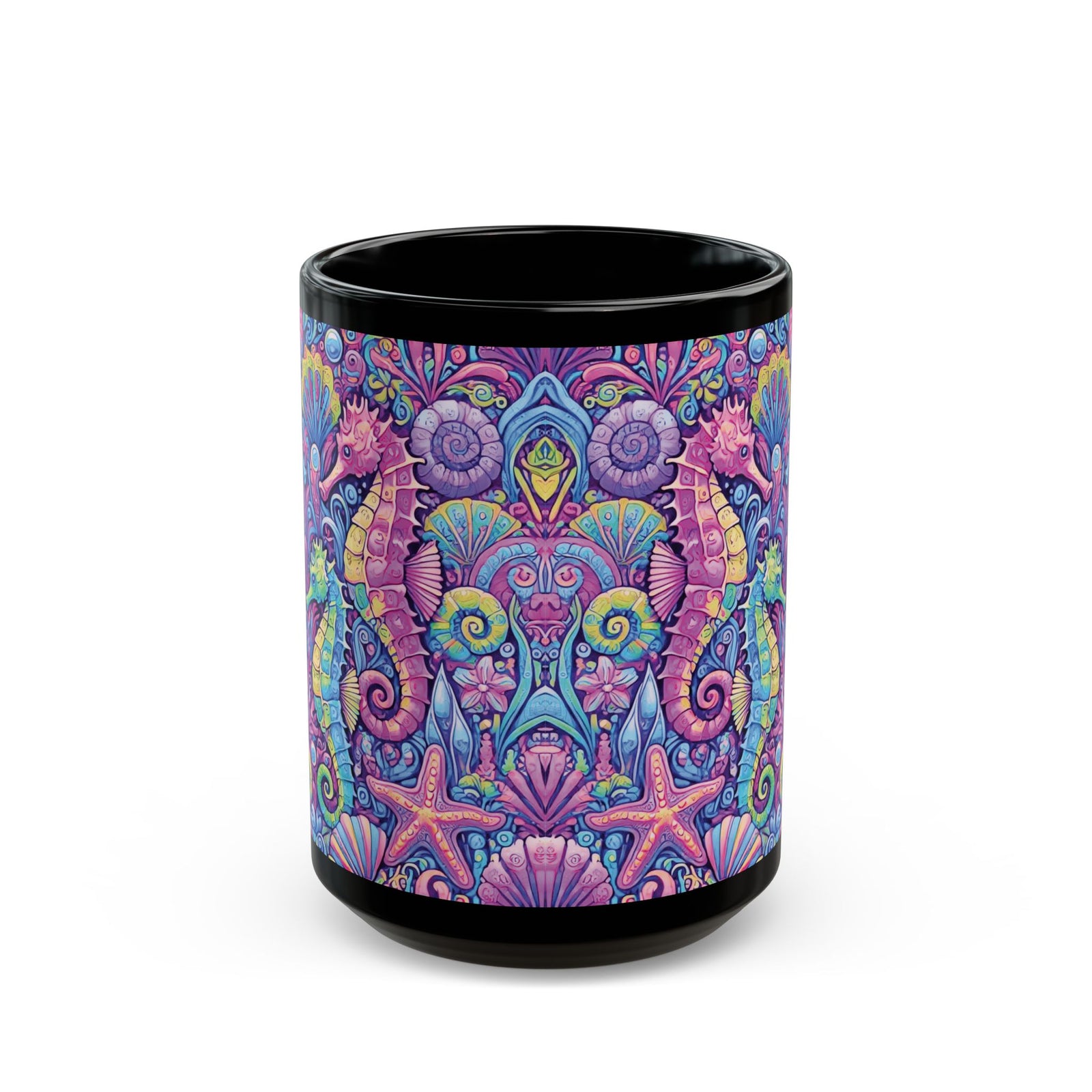 Black Coffee Mug - Seahorse Trio, Purple Fantasy