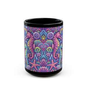 Black Coffee Mug - Seahorse Trio, Purple Fantasy