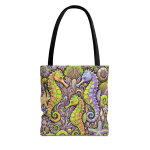 Seahorse Trio Tote Bag, Yellow & Purple - 3 Sizes