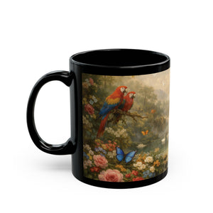 Black Ceramic Mug — Vintage Floral Rainforest Landscape, 11oz/15oz