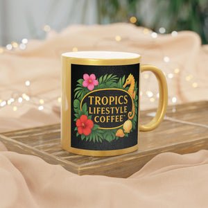 Tropical Metallic Mug, Gold or Silver - Tropics Lifestyle Coffee Seahorse Logo, Black