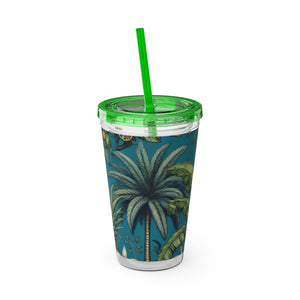 Tropical Tumbler with Straw | 16 oz: Tropical Palms & Fruit, Blue
