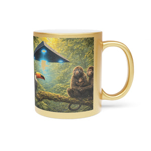 Tropical Metallic Mug, Gold or Silver - UFO & Monkey Familiy