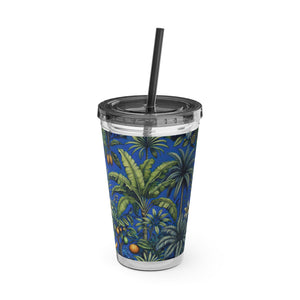 Tropical Tumbler with Straw | 16 oz: Tropical Palms & Fruit, Blue