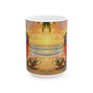 Ceramic White Mug - Tiki the Parrot on the Beach