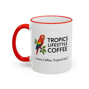 Accent Rim & Handle Coffee Mug ~ Tropics Lifestyle Coffee Parrot Logo