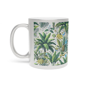 Tropical Metallic Mug, Silver - Palms & Bananas, White