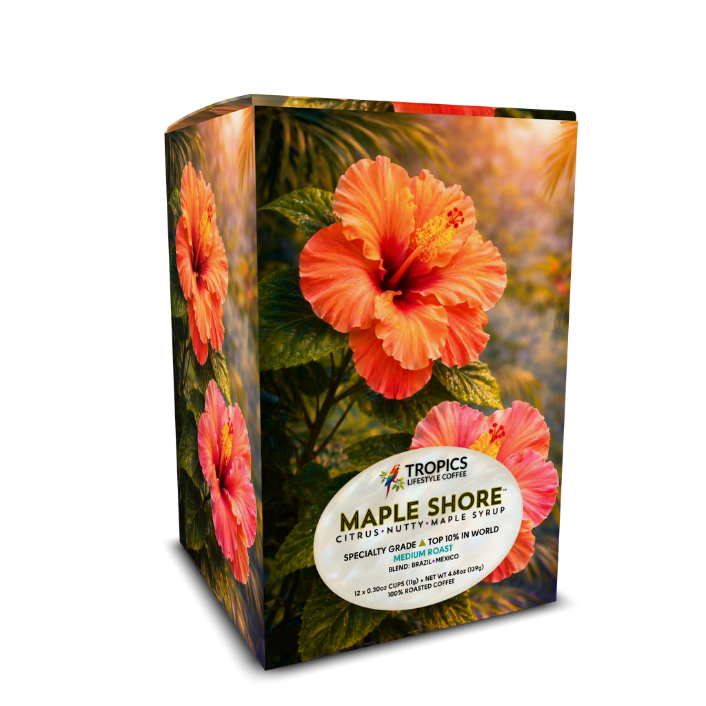 Maple Shore medium-roast coffee pods in the Sunset Hibiscus Art Box
