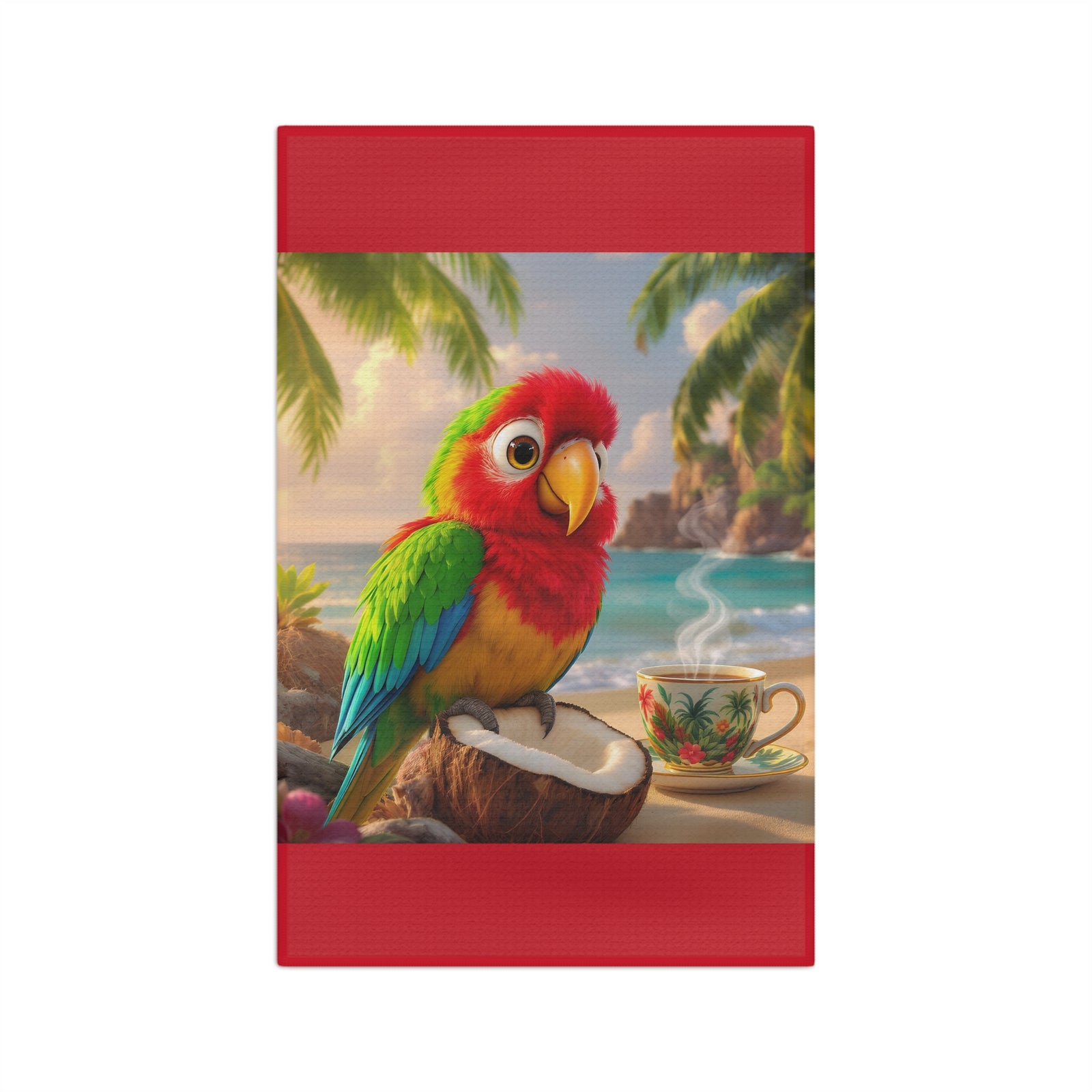 Tropical Microfiber Coffee/Tea Towel — Tiki the Parrot at Beach, V2