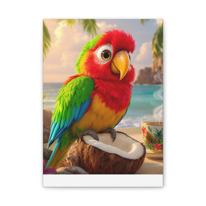 Tropical Parrot Canvas Wall Art — Colorful Beach Scene with Coffee Cup