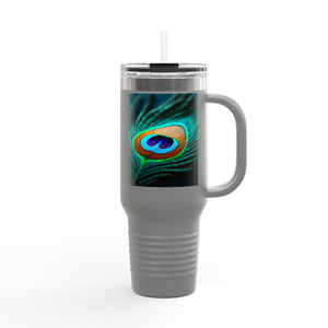 Insulated Travel Mug, 40oz / Peacock Eye Feather, Turquoise- Perfect for Outdoor Adventures
