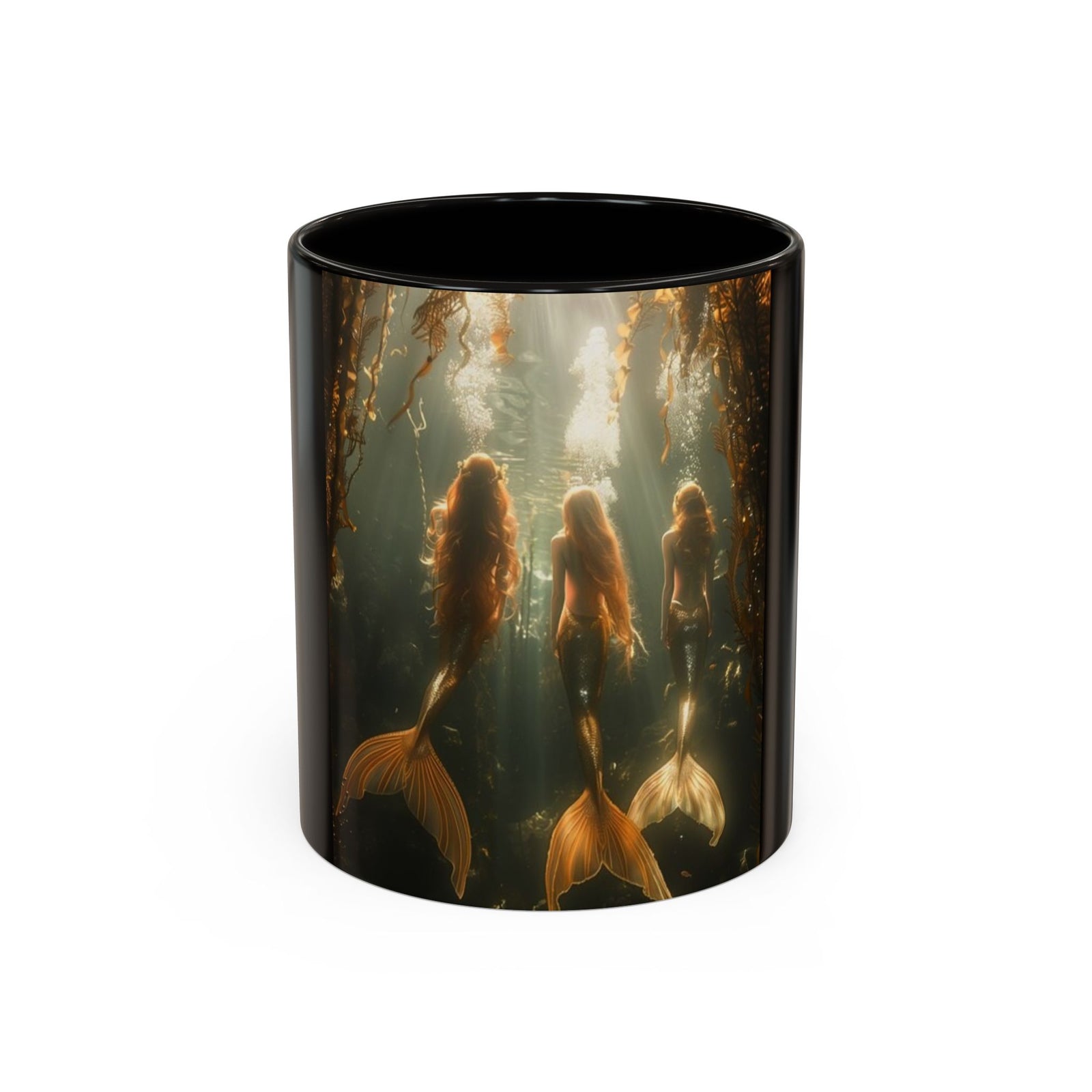 Colorful Mugs (11oz, 15oz), Three Mermaid Sisters, Black