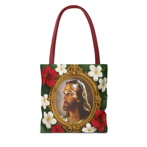 Religious Art Polyester Tote Bag, 3 Sizes / "Head of Christ" Jesus Portrait, Red Flowers