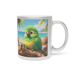 Tropical Metallic Mug, Gold or Silver - Lulu the Parrot Drinks Coffee