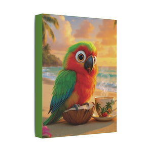 Tropical Beach Canvas - Tiki the Parrot Sunrise Wall Art, Green