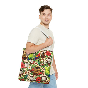 Tropical Parrots & Coffee Tote Bag, Green - 3 Sizes
