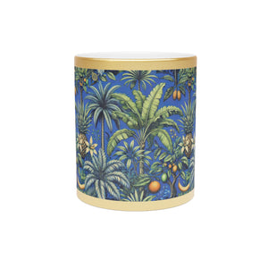 Tropical Metallic Mug, Gold or Silver - Tropical Palms & Fruit, Ocean Blue