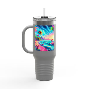 Insulated Travel Mug, 40oz / Pop Art Flamingo Beach