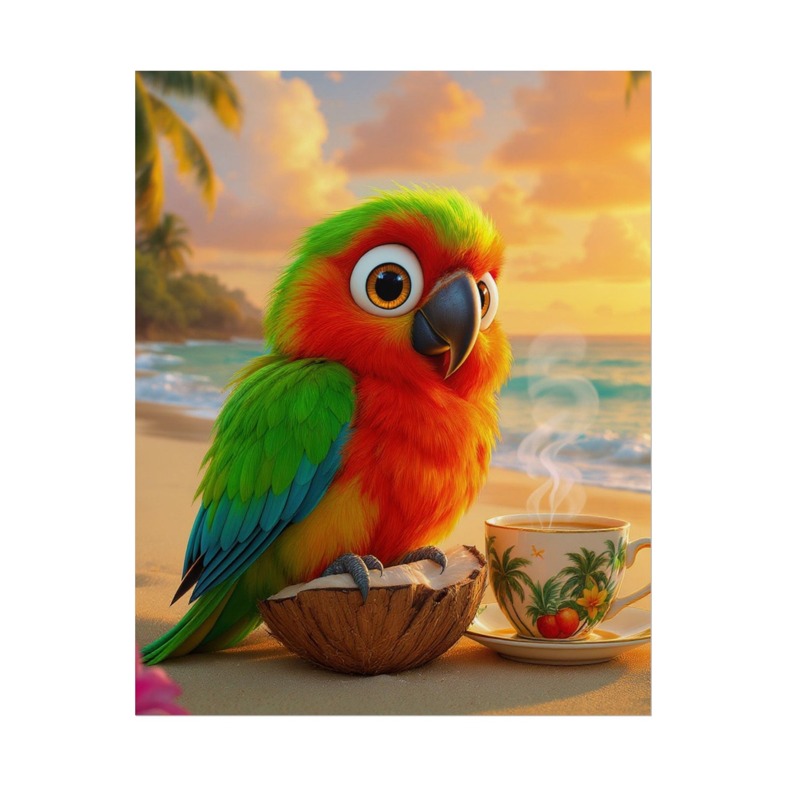 Coffee Wall Art: Tiki the Tropical Parrot Beach Poster — Colorful Bird with Coconut & Coffee