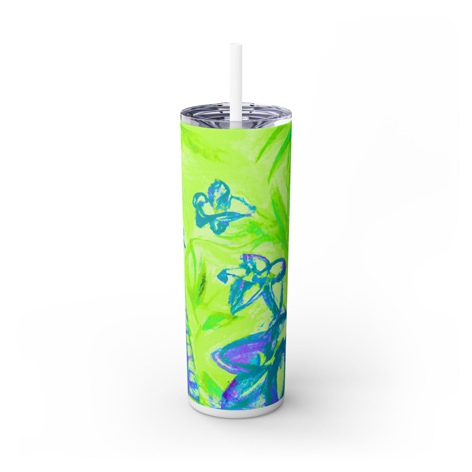 Tropical Doodles/Lime Green, 20oz Skinny Matte Tumbler with Straw - Beach Vibes
