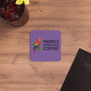 Bulk Durable Hardboard Coffee Coasters — Tropics Lifestyle Coffee Parrot Logo (50/100 pcs), purple