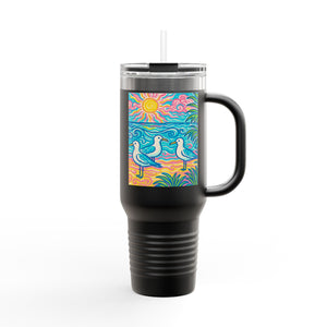 Insulated Travel Mug, 40oz / Tropical Beach Seagulls - Perfect for Outdoor Adventures