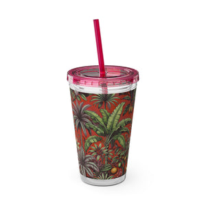 Tropical Tumbler with Straw | 16 oz: Tropical Palms & Fruit, Red