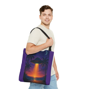 UFO at Beach Sunset Tote Bag, Purple - 3 Sizes
