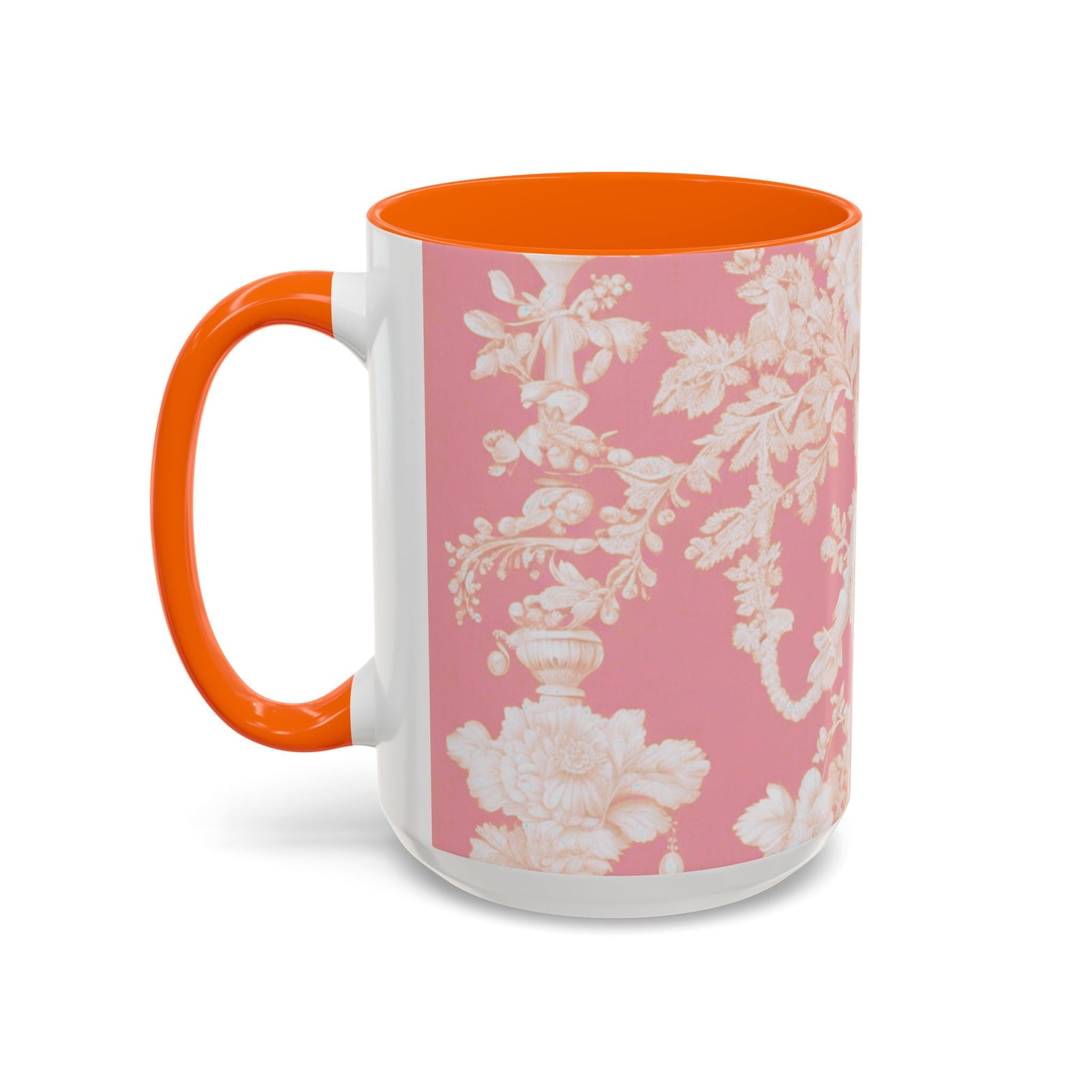 Accent Color Coffee Mug (11, 15oz), Pearl Lady Toile/Hibiscus Pink