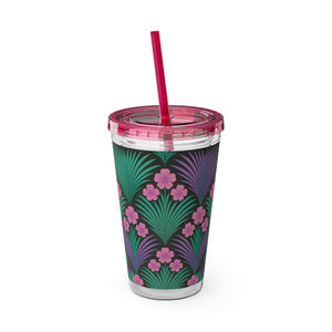 Tropical Tumbler with Straw | 16 oz: Midnight Hibiscus Deco, Pink