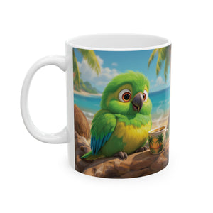 Ceramic White Mug - Lulu the Parrot Drinks Coffee