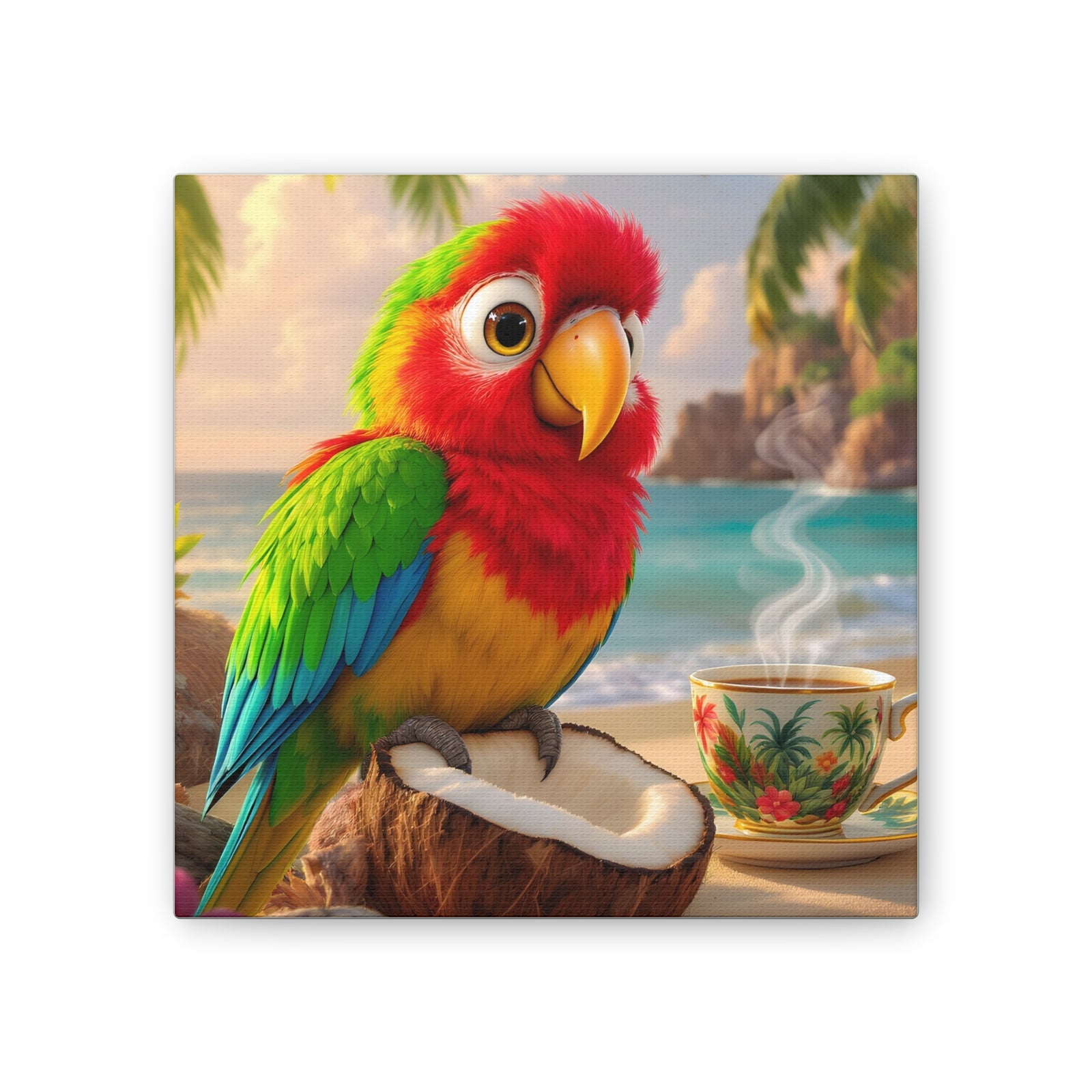 Tropical Parrot Canvas Wall Art — Colorful Beach Scene with Coffee Cup