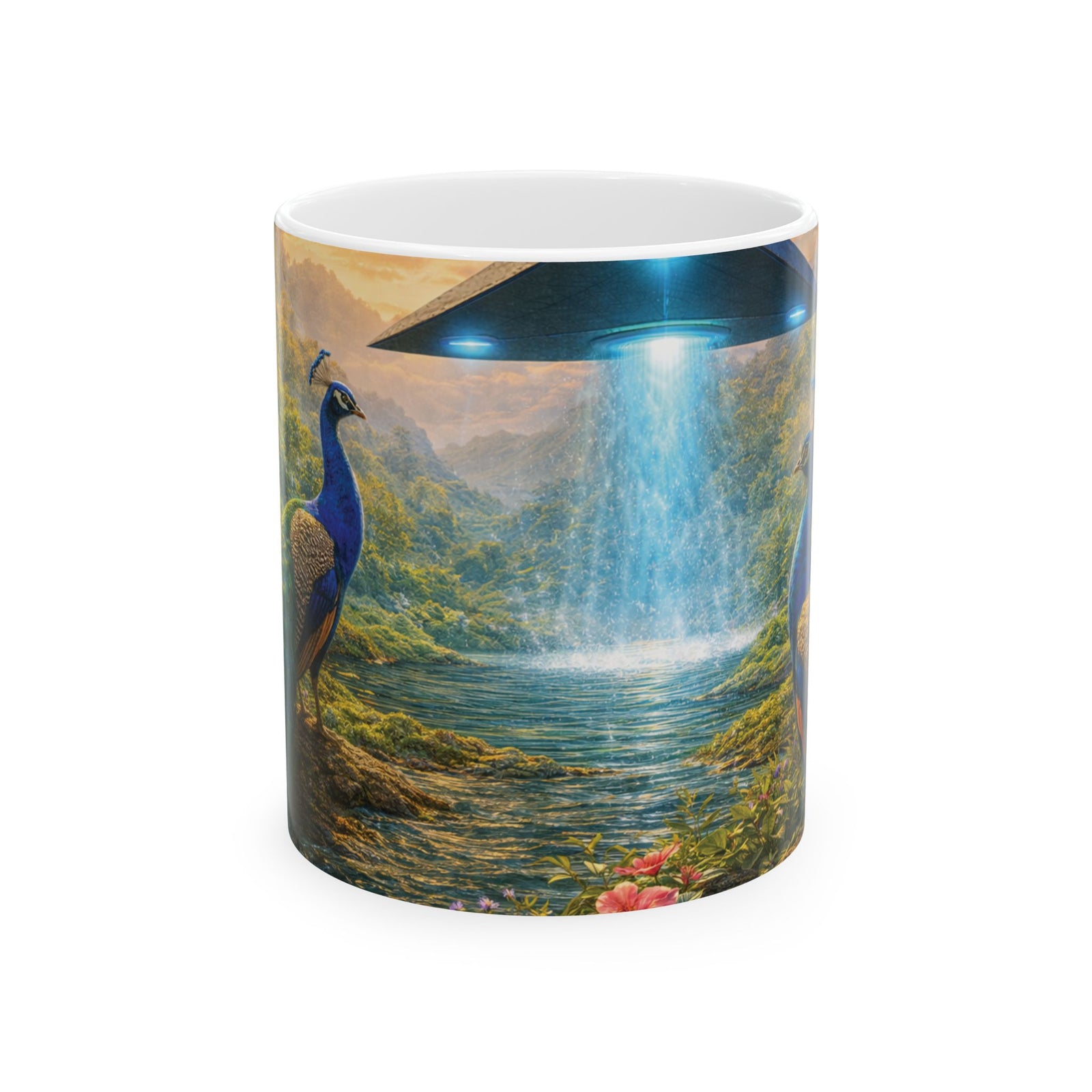 Black Coffee Mug: UFO and 2 Peacocks