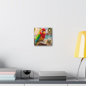 Tropical Parrot Canvas Wall Art — Colorful Beach Scene with Coffee Cup