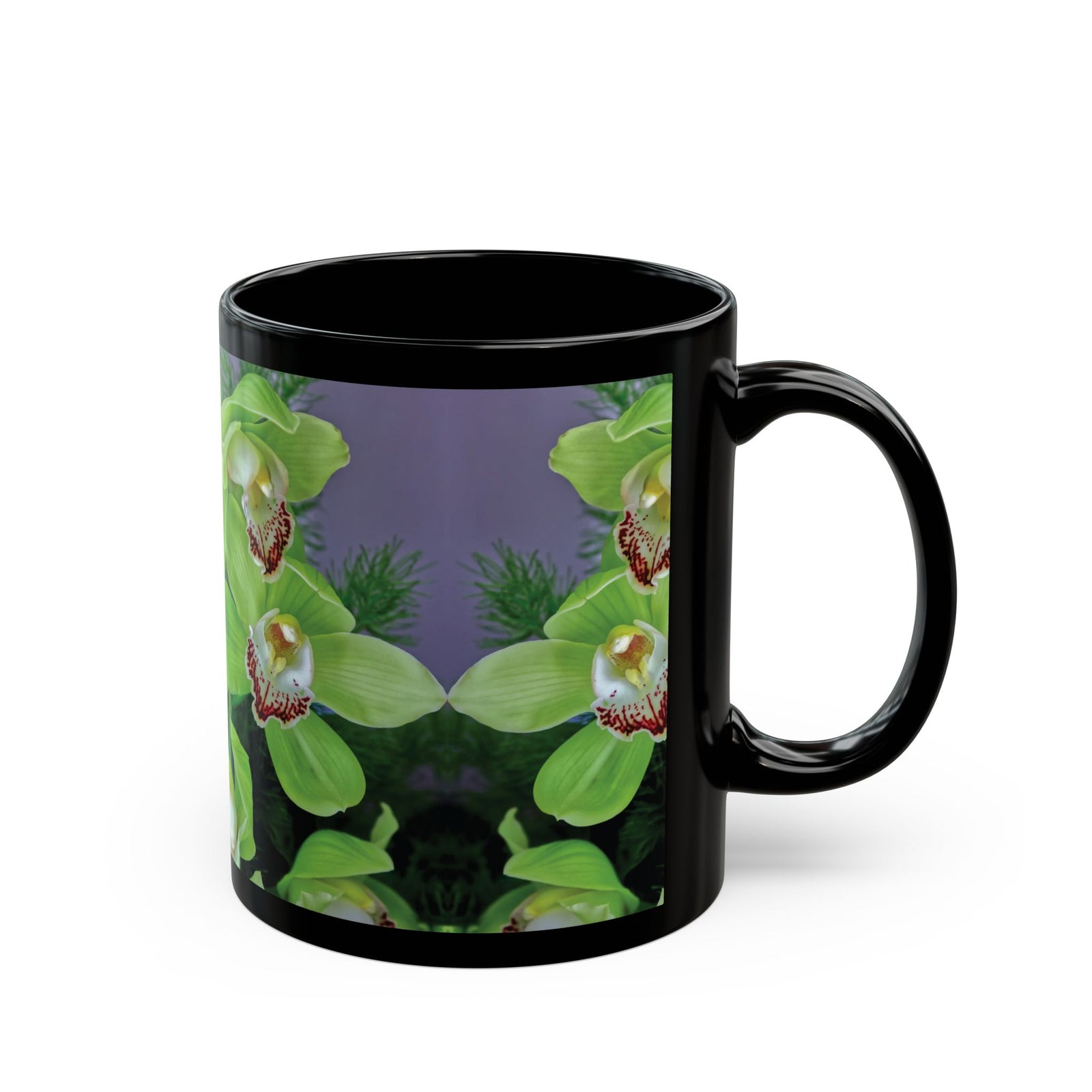 Black Coffee Mug - Kaleido Green Orchids