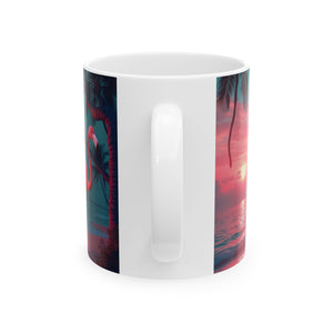 Ceramic White Mug - 11oz & 15oz, Neon Flamingos at Night