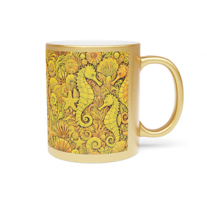 Tropical Metallic Mug, Gold or Silver - Seahorse Trio, Yellow
