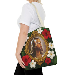 Religious Art Polyester Tote Bag, 3 Sizes / "Head of Christ" Jesus Portrait, Red Flowers