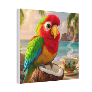 Tropical Parrot Canvas Wall Art — Colorful Beach Scene with Coffee Cup