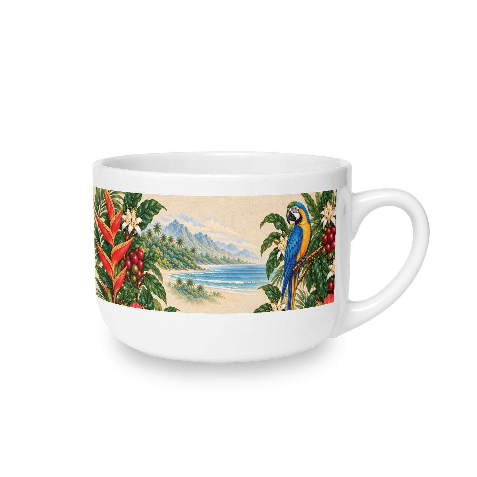 Tropical Parrot 25oz Ceramic Latte Mug — Botanical Coffee House Cup
