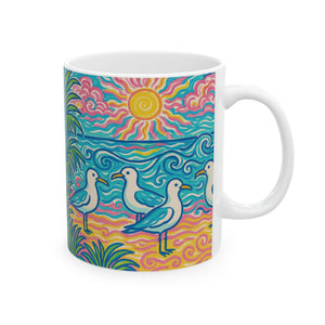 Ceramic White Mug - 11oz & 15oz, / Tropical Beach Seagulls