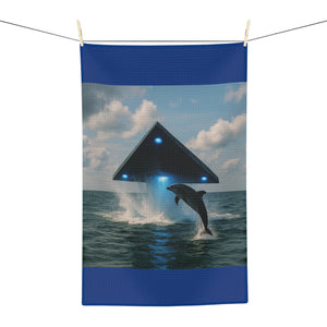 Microfiber Coffee/Tea Towel – UFO & Dolphin, Dark Blue