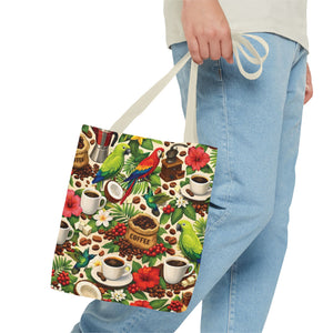Tropical Parrots & Coffee Tote Bag, Green - 3 Sizes