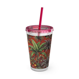 Tropical Tumbler with Straw | 16 oz: Tropical Palms & Fruit, Red
