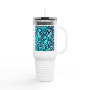 Insulated Travel Mug, 40oz / Seahorses, Turquoise - Perfect for Outdoor Adventures